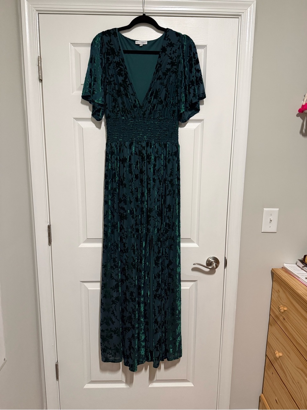 Baltic Born Teal Green Velvet Floral Maxi Dress